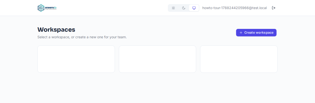 The workspace list, empty on first login