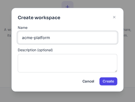 The Create workspace dialog with a name filled in