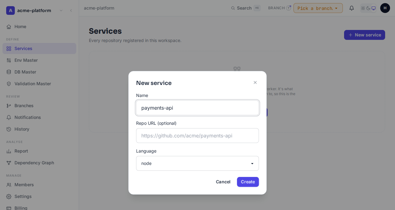The New service dialog with name, repo URL, and language fields