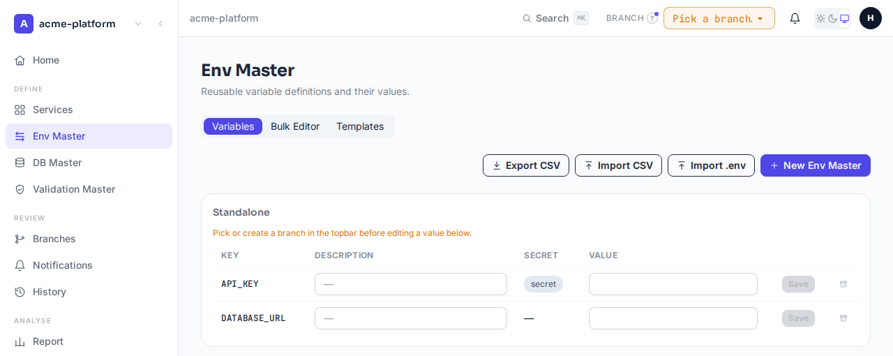 The Env Master Variables table with two keys, DATABASE_URL and API_KEY