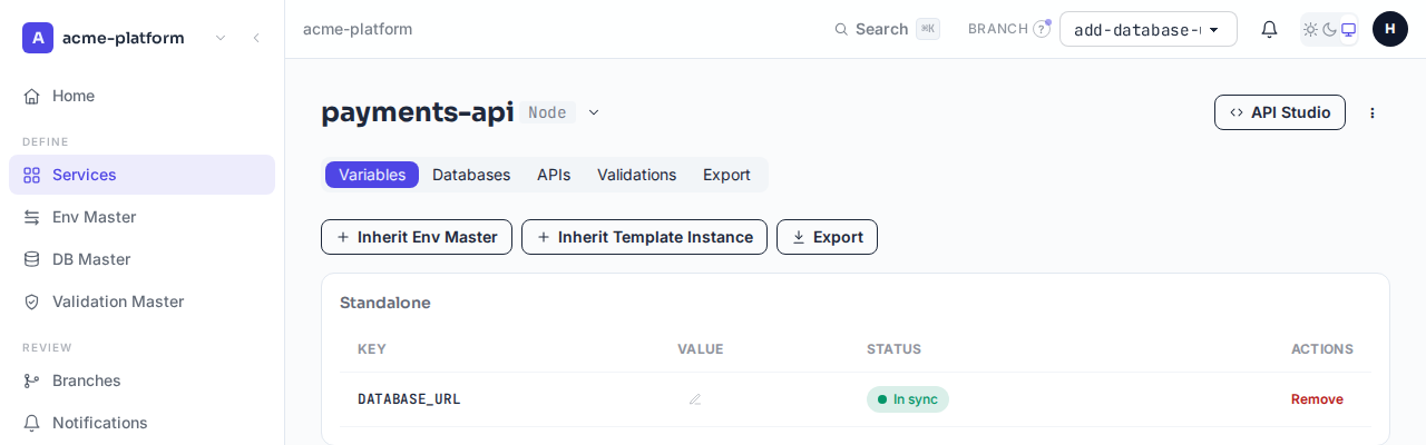 A service's Variables tab right after inheriting DATABASE_URL