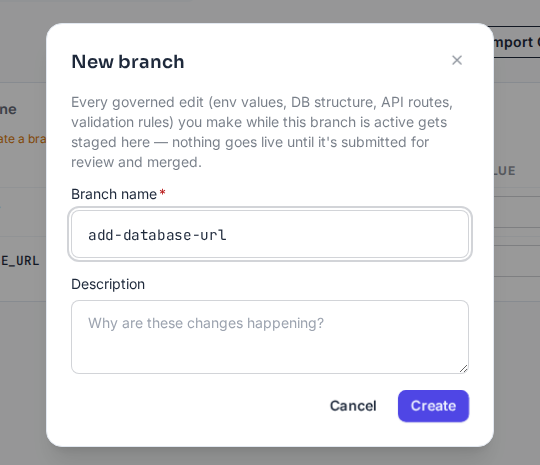 The New branch dialog, naming a branch add-database-url