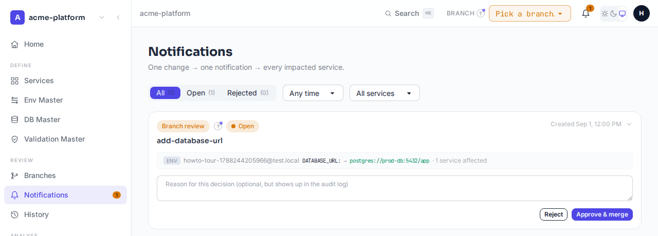 The branch_review notification with Approve & merge and Reject buttons