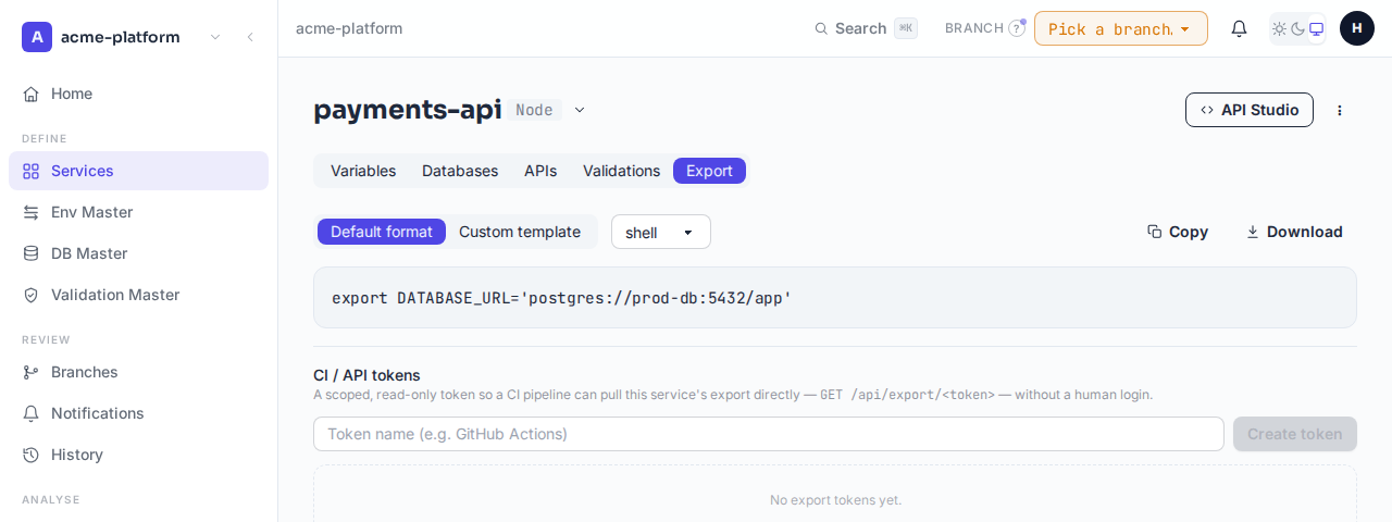 The Export tab showing the resolved shell export with the real DATABASE_URL value